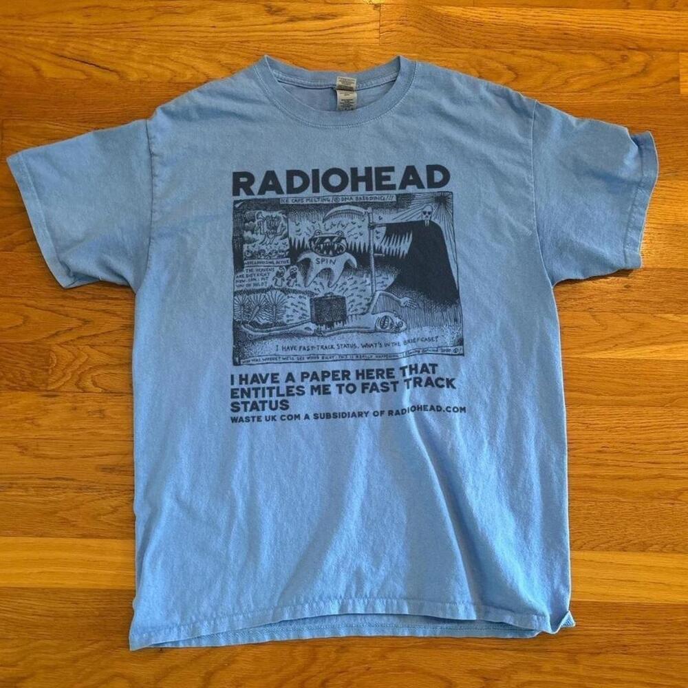 Gildan Men Light Blue T-Shirt, Blue Radiohead Band Tee